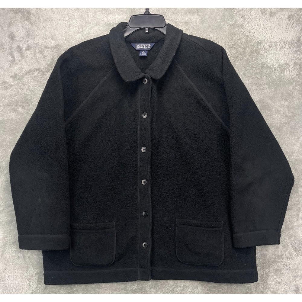 Lands End Women's Fleece Jacket XL (18-20) Black Pockets Collared 100% Polyester